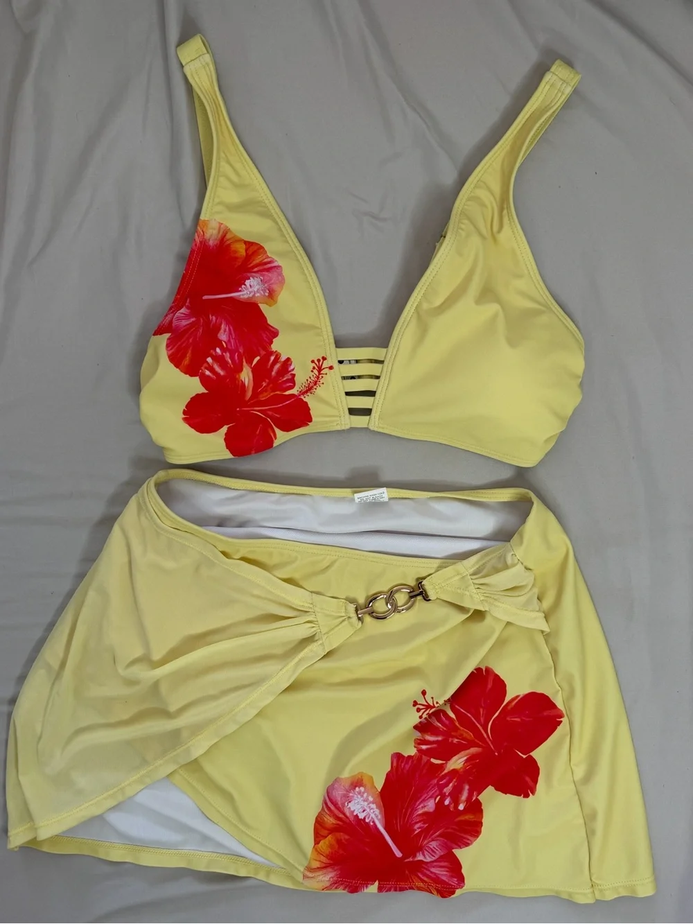 Yellow Floral Bikini Top and Skirt Set with Red Hibiscus Print